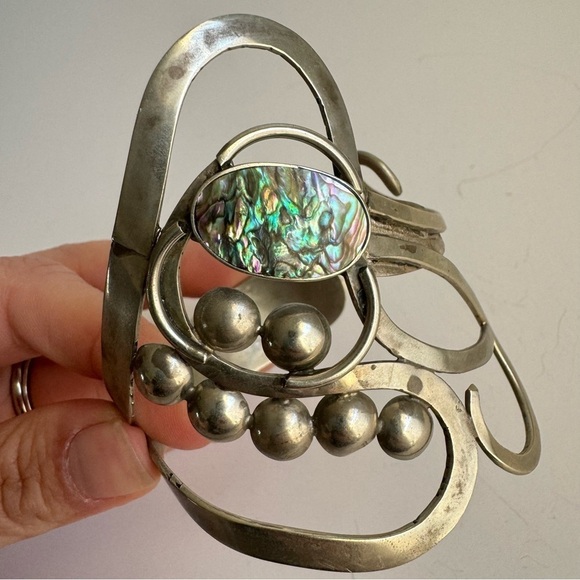 Vintage Abalone Shell Bracelet Artisan Freeform Silver Large Cuff MCM Modernist - Picture 11 of 16